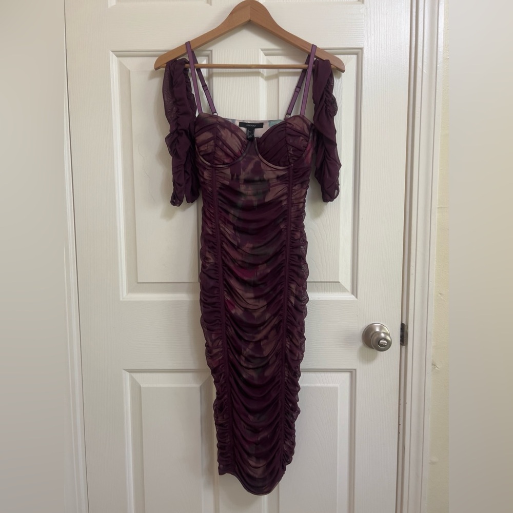 Forever 21 Purple Meshy Floral Bodycon Dress With Spaghetti Straps And Sleeves